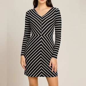 Dress Black & White Chevron Pink Accents Midi XS Vneck Stretch A-Line Knee Lengt